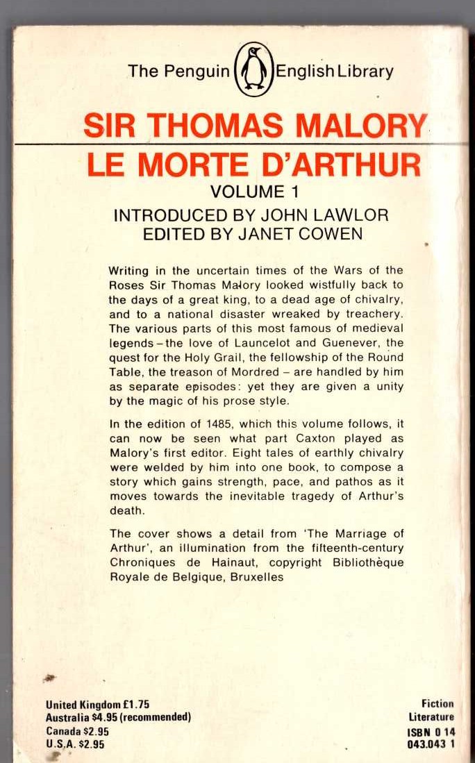 Sir Thomas Malory  LE MORTE D'ARTHUR. Volume 1 magnified rear book cover image