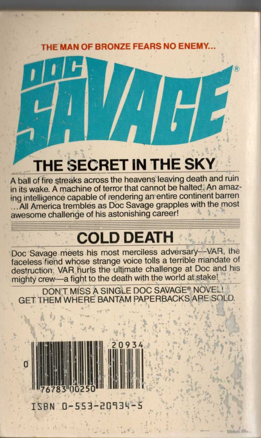 Kenneth Robeson  DOC SAVAGE: THE SECRET IN THE SKY and COLD DEATH magnified rear book cover image