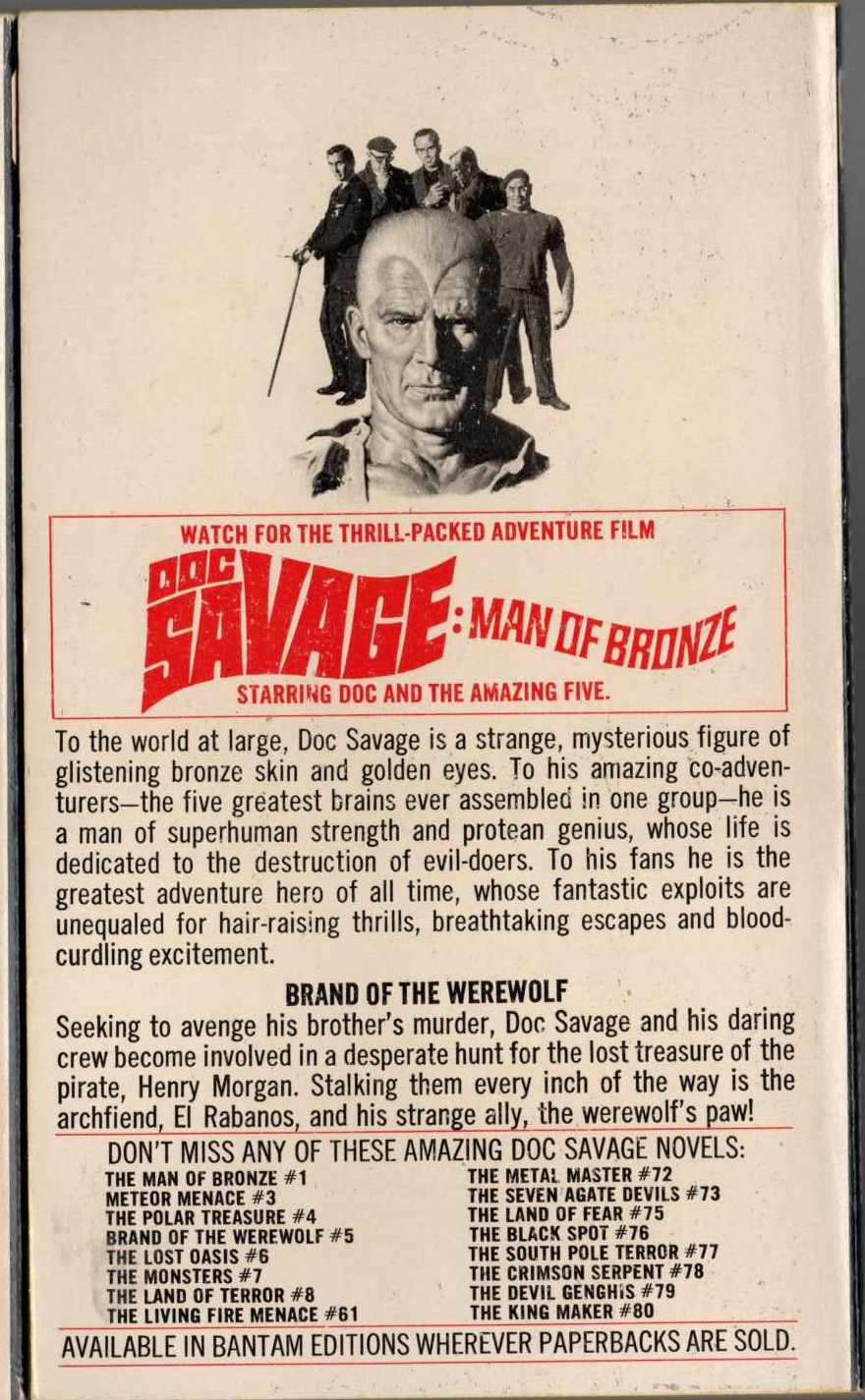 Kenneth Robeson  DOC SAVAGE: BRAND OF THE WEREWOLF magnified rear book cover image
