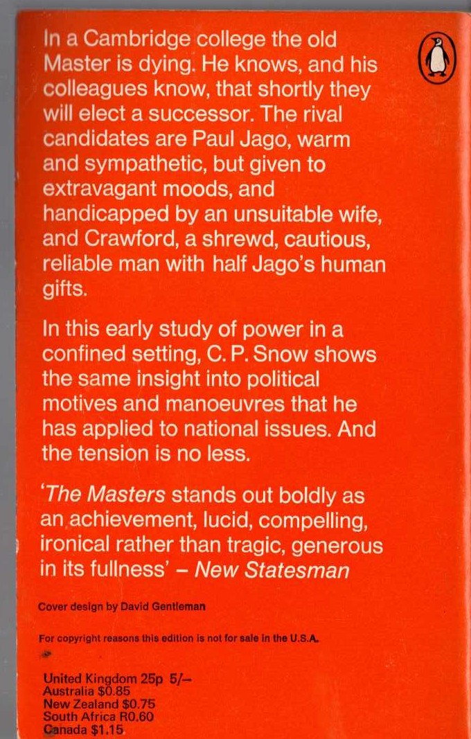C.P. Snow  THE MASTERS magnified rear book cover image