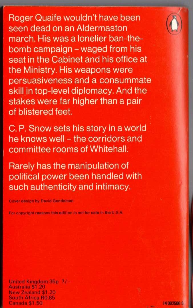 C.P. Snow  CORRIDORS OF POWER magnified rear book cover image