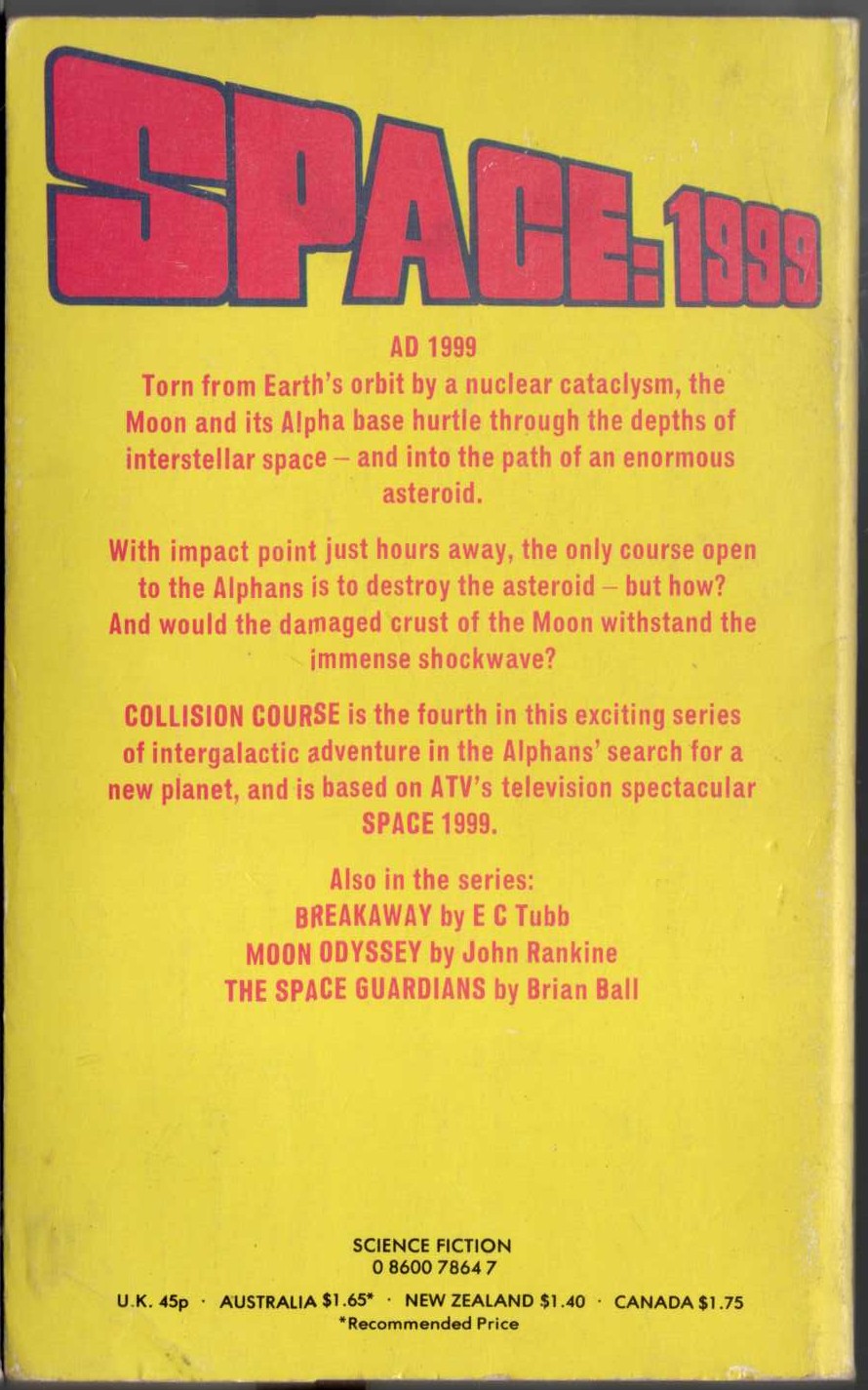 E.C. Tubb  SPACE 1999: COLLISION COURSE (TV tie-in) magnified rear book cover image