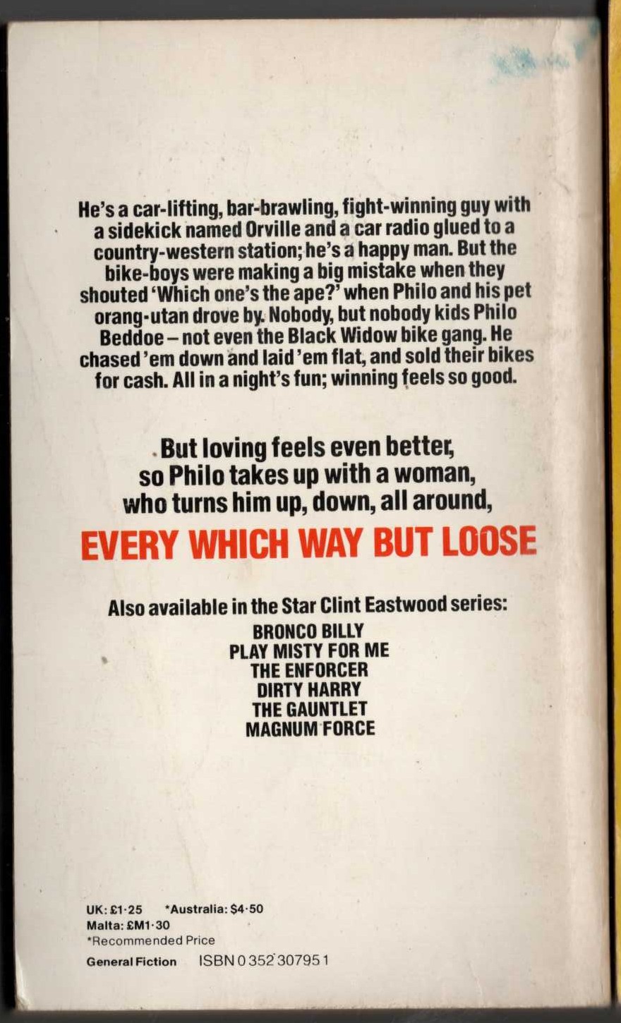 J.J. Kronsberg  EVERY WHICH WAY BUT LOOSE (Clint Eastwood) magnified rear book cover image