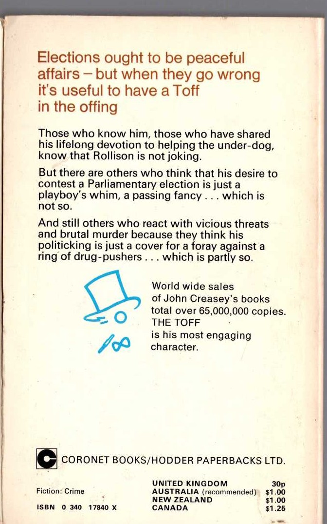 John Creasey  VOTE FOR THE TOFF magnified rear book cover image