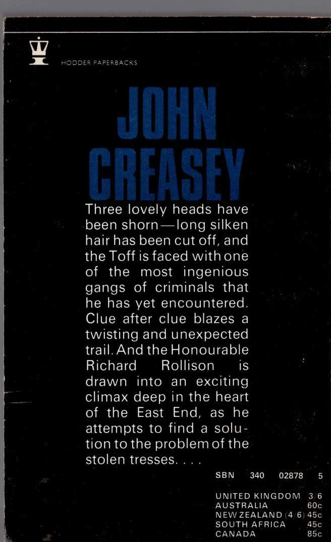 John Creasey  THE TOFF AND THE STOLEN TRESSES magnified rear book cover image