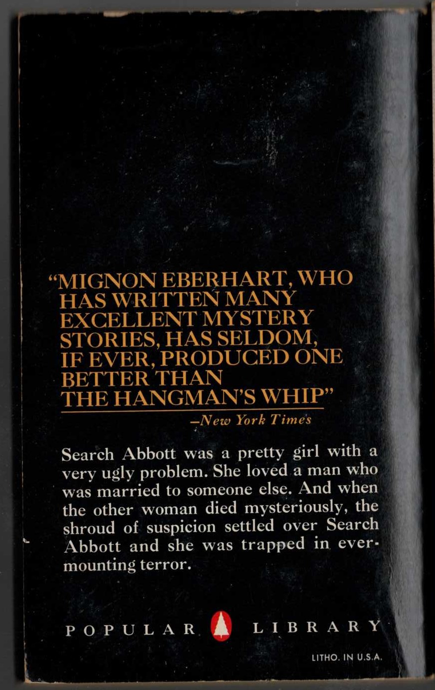 Mignon G. Eberhart  THE HANGMAN'S WHIP magnified rear book cover image