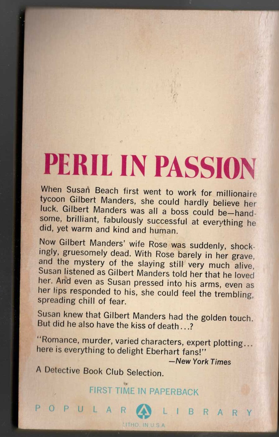 Mignon G. Eberhart  DANGER MONEY magnified rear book cover image