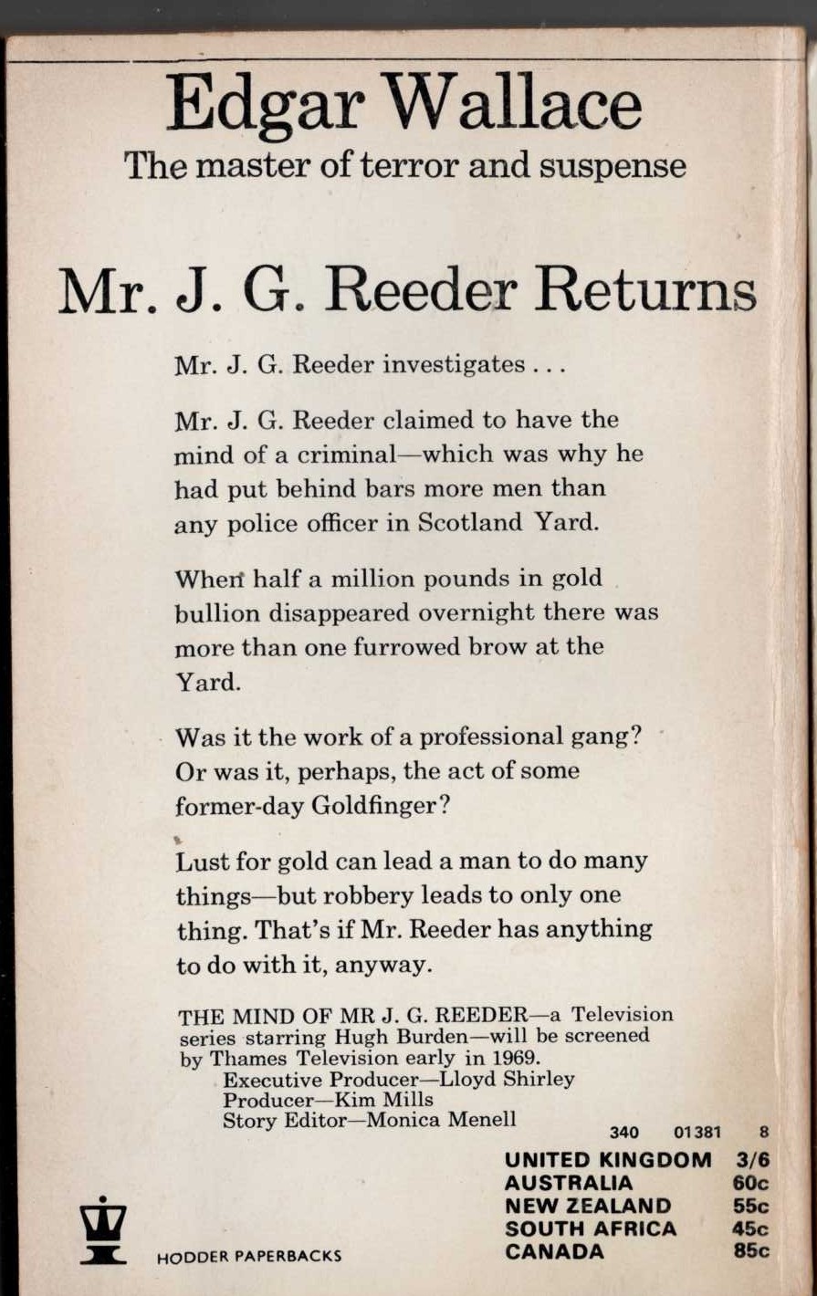 Edgar Wallace  MR. J.G.REEDER RETURNS (TV tie-in) magnified rear book cover image