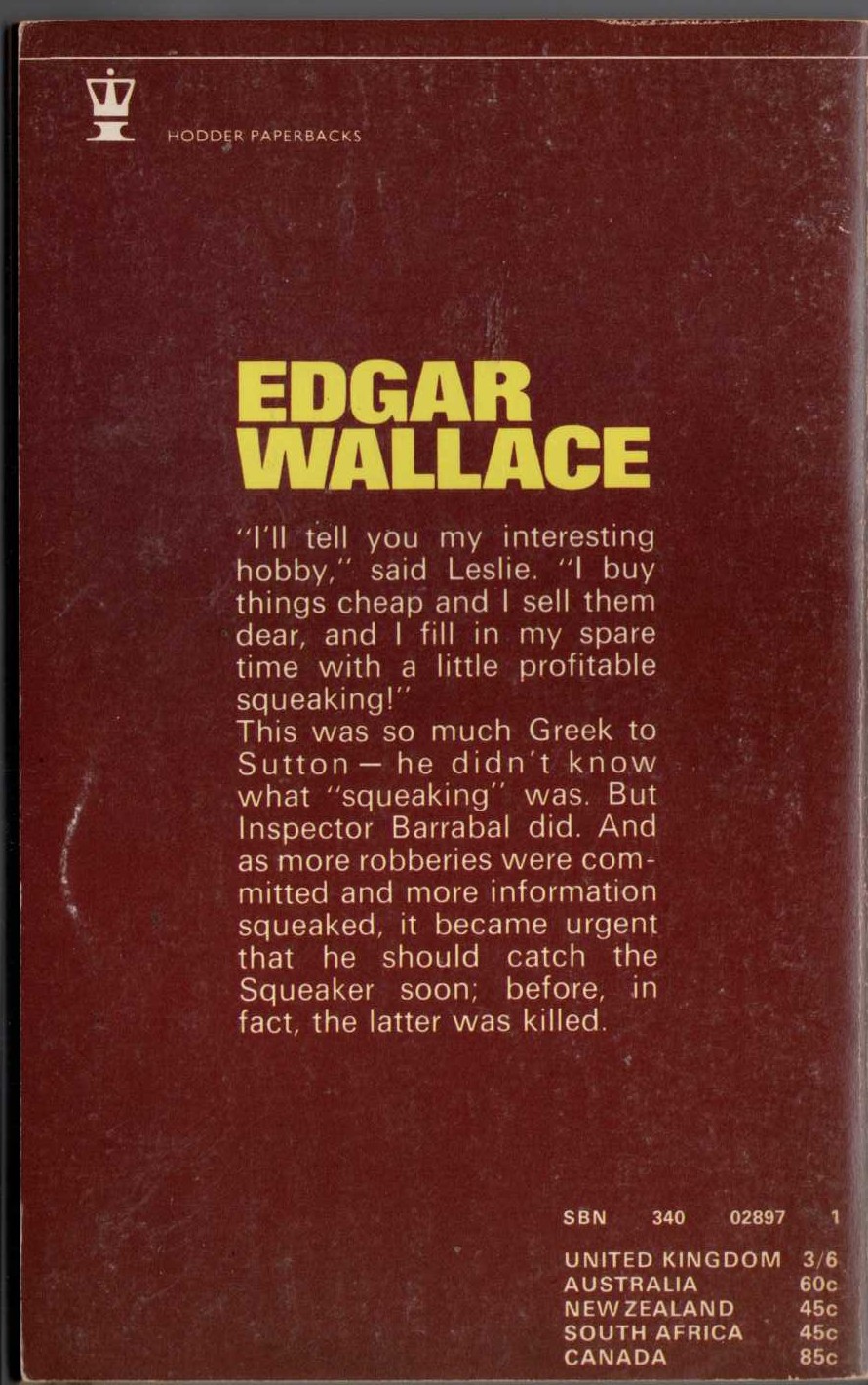 Edgar Wallace  THE SQUEAKER magnified rear book cover image