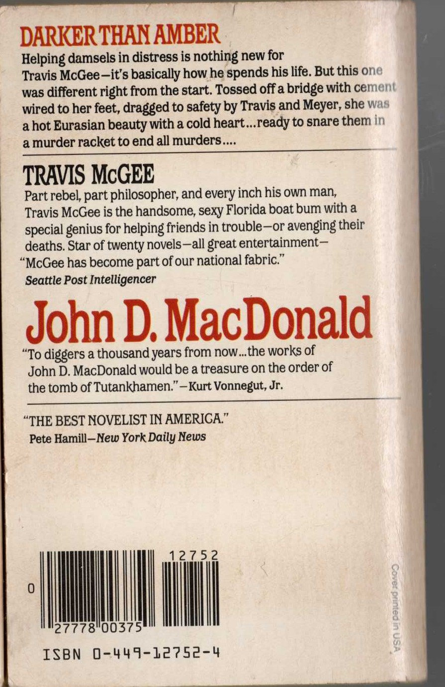 John D. MacDonald  DARKER THAN AMBER magnified rear book cover image