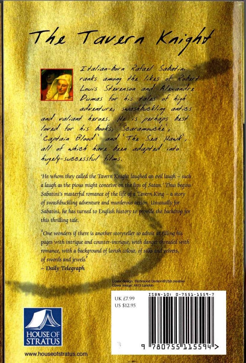 Rafael Sabatini  THE TAVERN KNIGHT magnified rear book cover image