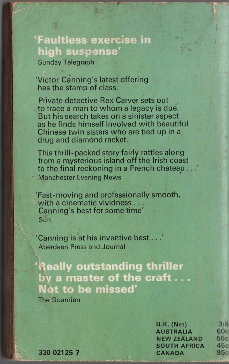 Victor Canning  DOUBLED IN DIAMONDS magnified rear book cover image