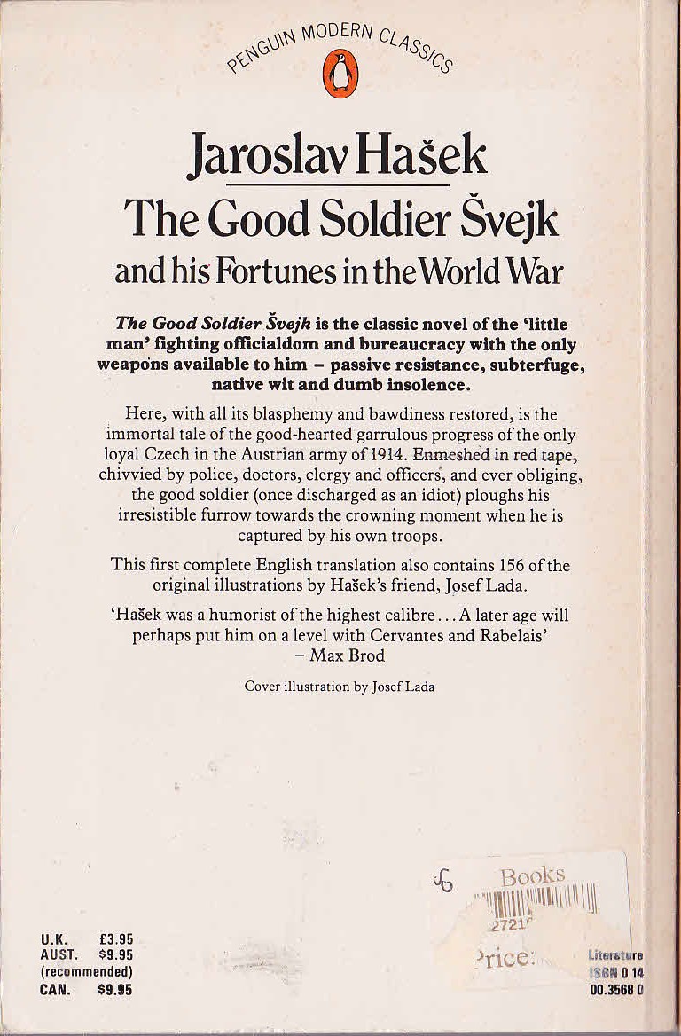 Jaroslav Hasek  THE GOOD SOLDIER SVEJK magnified rear book cover image