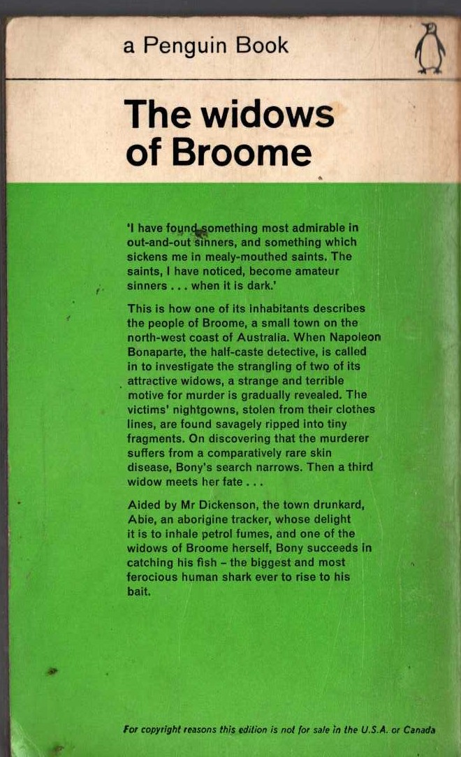 Arthur Upfield  THE WIDOWS OF BROOME magnified rear book cover image