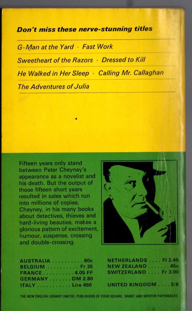 Peter Cheyney  HE WALKED IN HER SLEEP magnified rear book cover image