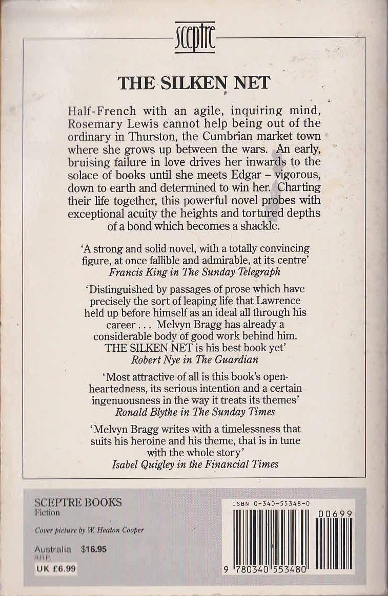 Melvyn Bragg  THE SILKEN NET magnified rear book cover image