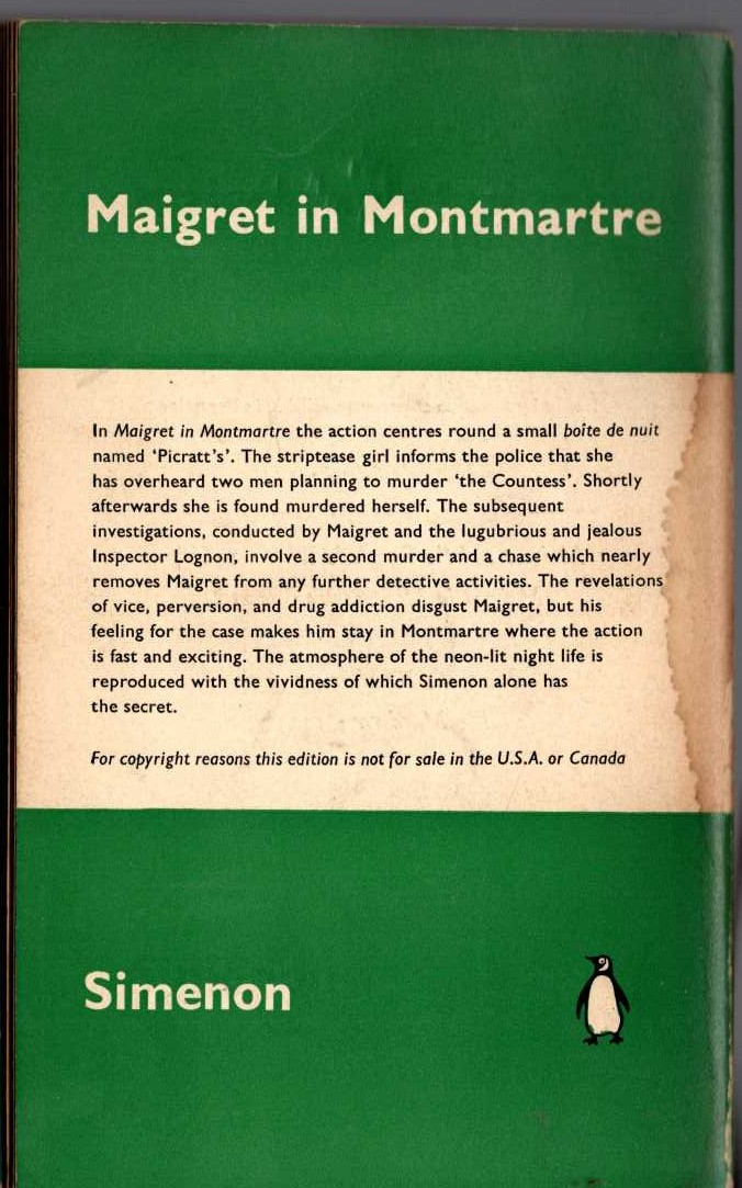 Georges Simenon  MAIGRET IN MONTMARTRE magnified rear book cover image