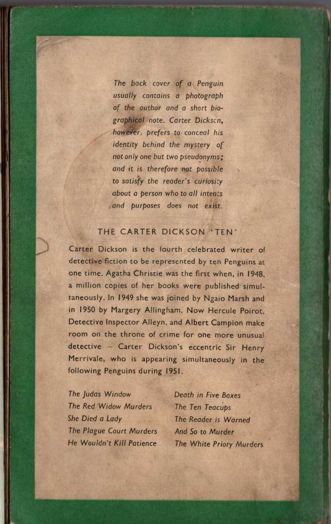 Carter Dickson  THE JUDAS WINDOW magnified rear book cover image