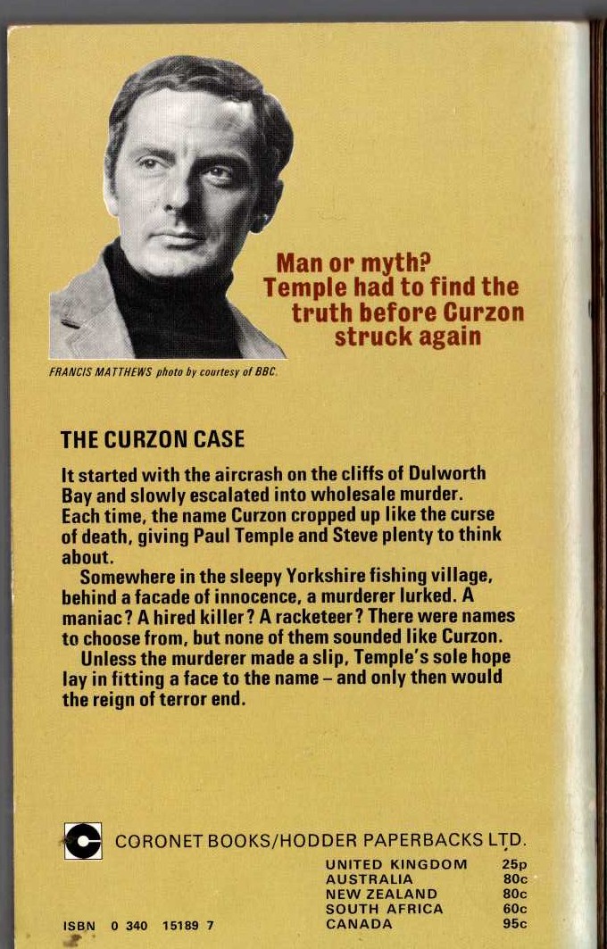 Francis Durbridge  THE CURZON CASE magnified rear book cover image
