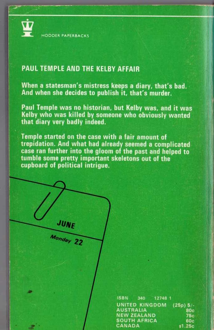 Francis Durbridge  PAUL TEMPLE AND THE KELBY AFFAIR (TV tie-in) magnified rear book cover image