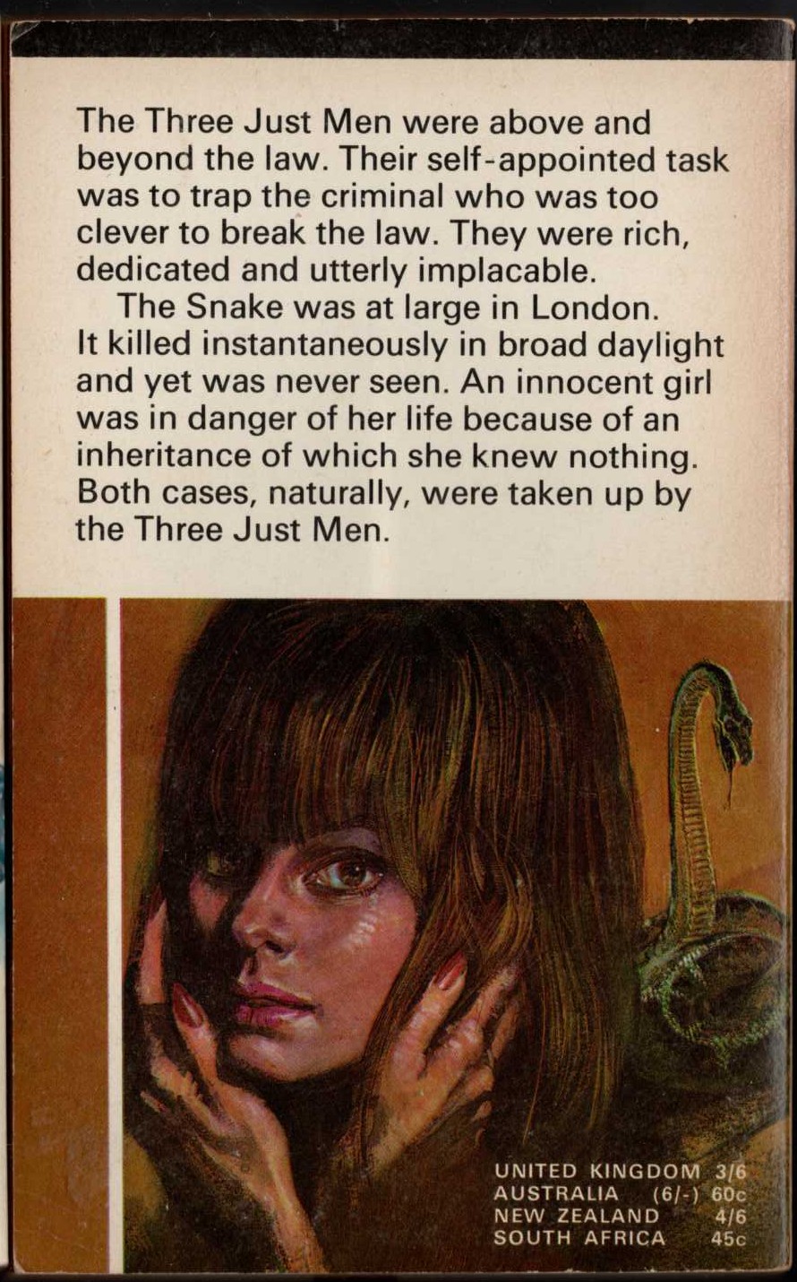 Edgar Wallace  THE THREE JUST MEN magnified rear book cover image