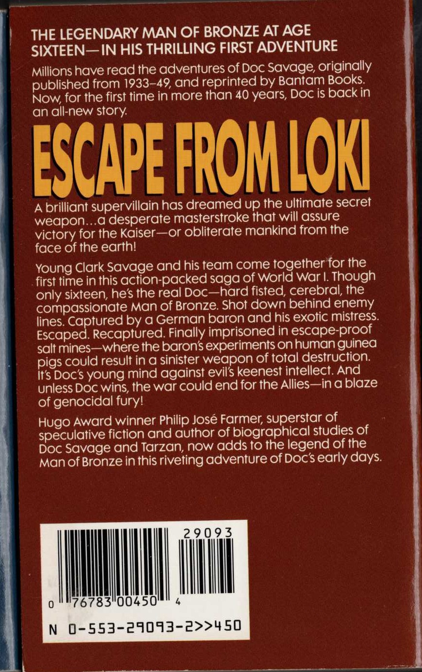 (Philip Jose Farmer) DOC SAVAGE: ESCAPE FROM LOKI magnified rear book cover image