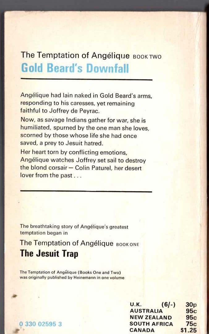 Sergeanne Golon  THE TEMPTATION OF ANGELIQUE. Book Two. GOLD BEARD'S DOWNFALL magnified rear book cover image