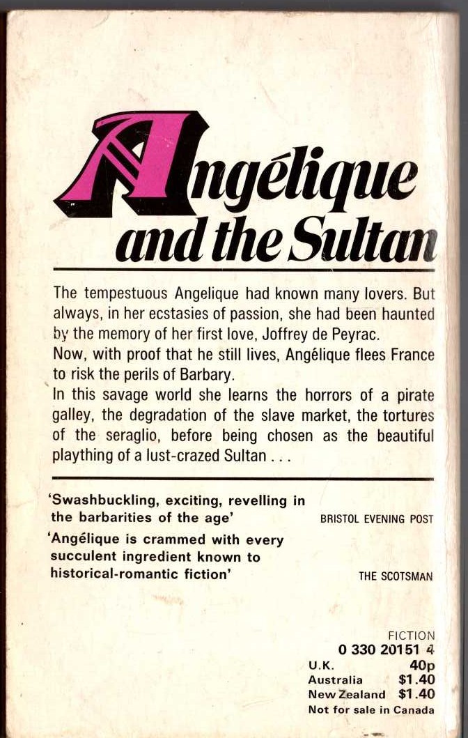 Sergeanne Golon  ANGELIQUE AND THE SULTAN magnified rear book cover image