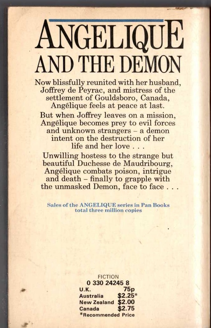 Sergeanne Golon  ANGELIQUE AND THE DEMON magnified rear book cover image