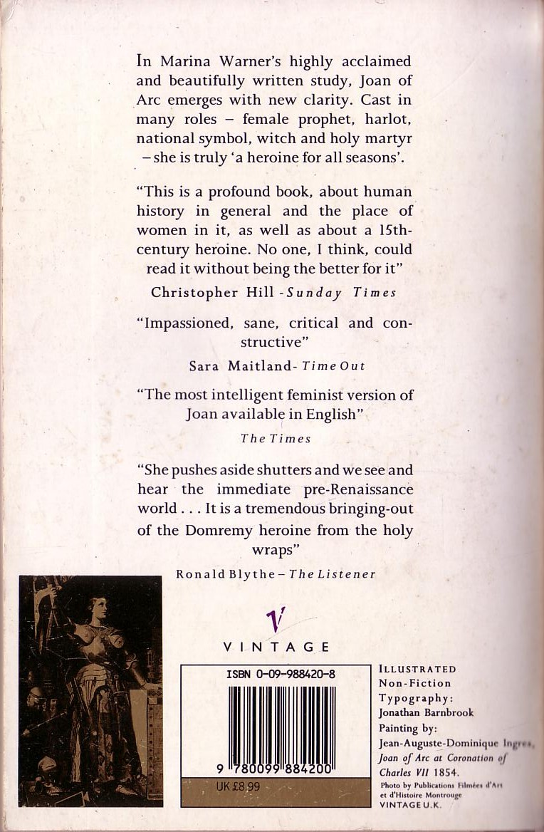 Marina Warner  JOAN OF ARC: THE IMAGE OF FEMALE HEROISM (Biography) magnified rear book cover image