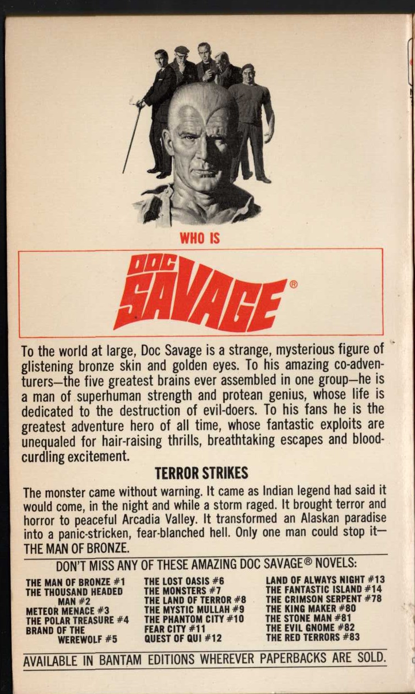 Kenneth Robeson  DOC SAVAGE: THE MOUNTAIN MONSTER magnified rear book cover image