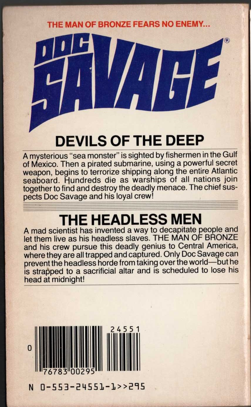 Kenneth Robeson  DOC SAVAGE: DEVILS OF THE DEEP and THE HEADLESS MEN magnified rear book cover image