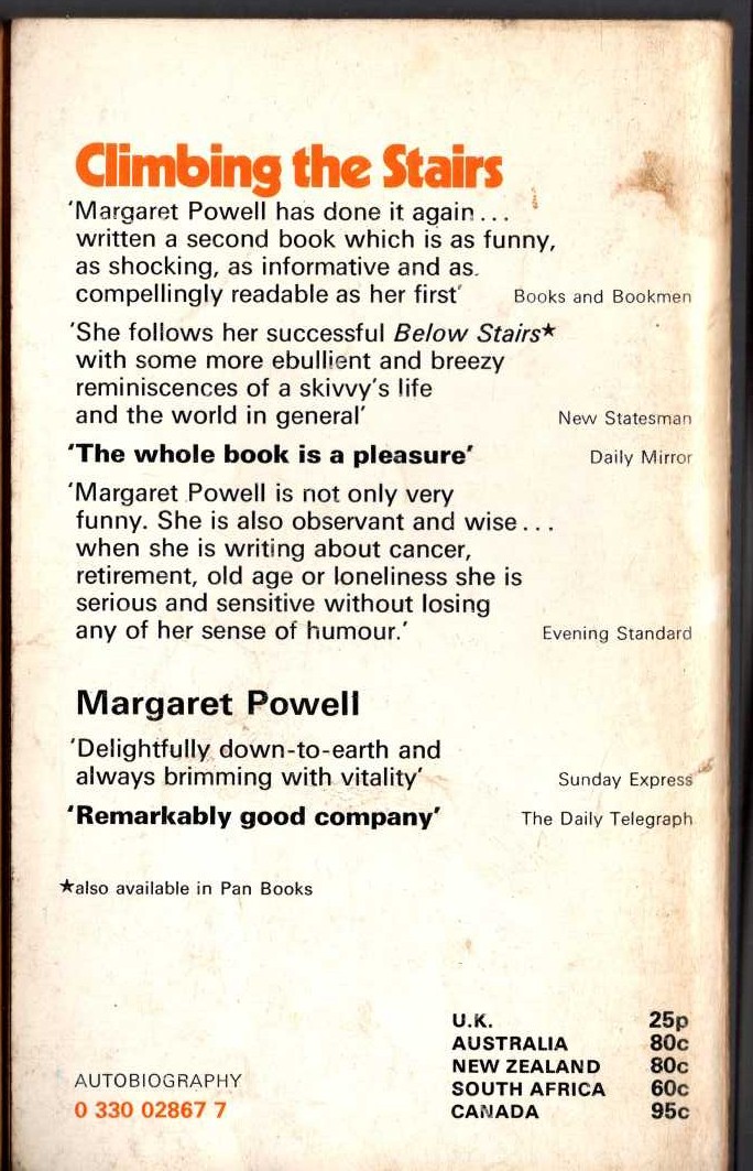 Margaret Powell  CLIMBING THE STAIRS magnified rear book cover image