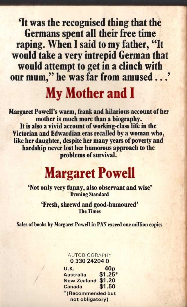 Margaret Powell  MY MOTHER AND I magnified rear book cover image