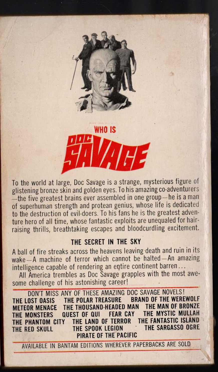 Kenneth Robeson  DOC SAVAGE: THE SECRET IN THE SKY magnified rear book cover image