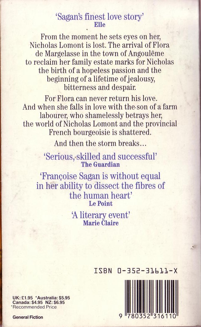 Francoise Sagan  THE STILL STORM magnified rear book cover image