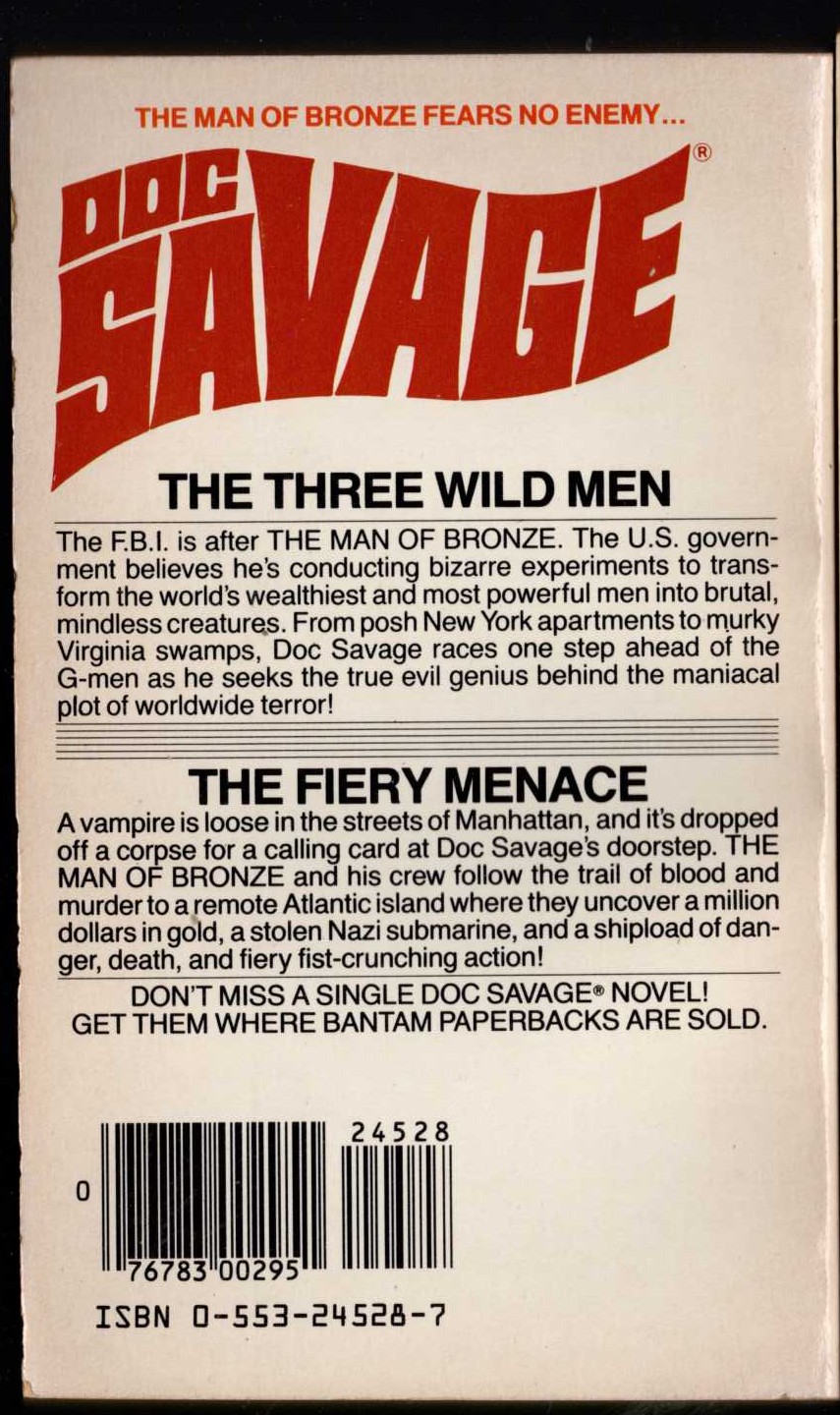 Kenneth Robeson  DOC SAVAGE: THE THREE WILD MEN and THE FIERY MENACE magnified rear book cover image