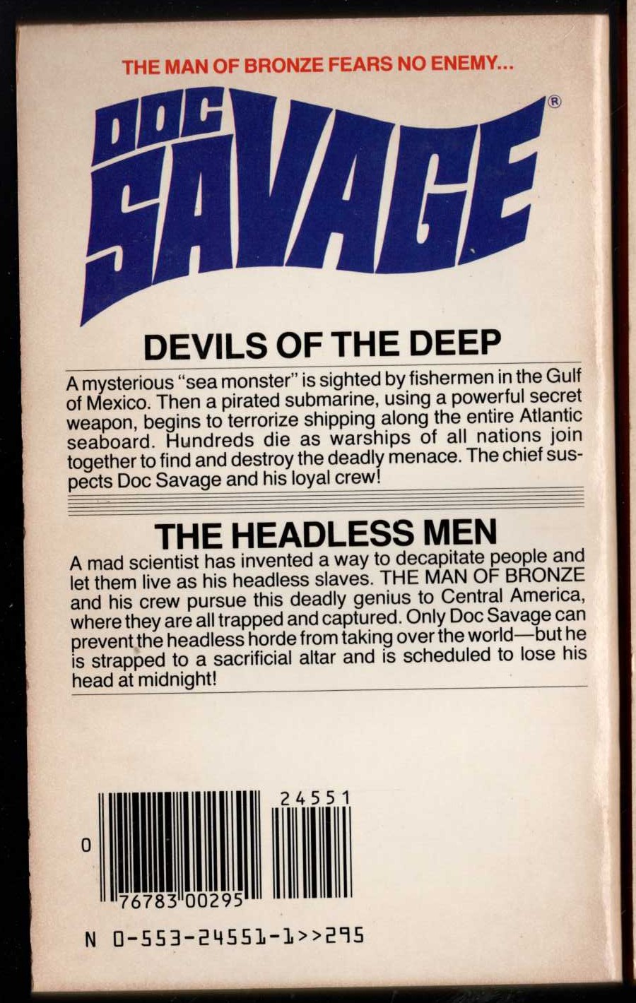 Kenneth Robeson  DOC SAVAGE: DEVILS OF THE DEEP and THE HEADLESS MEN magnified rear book cover image