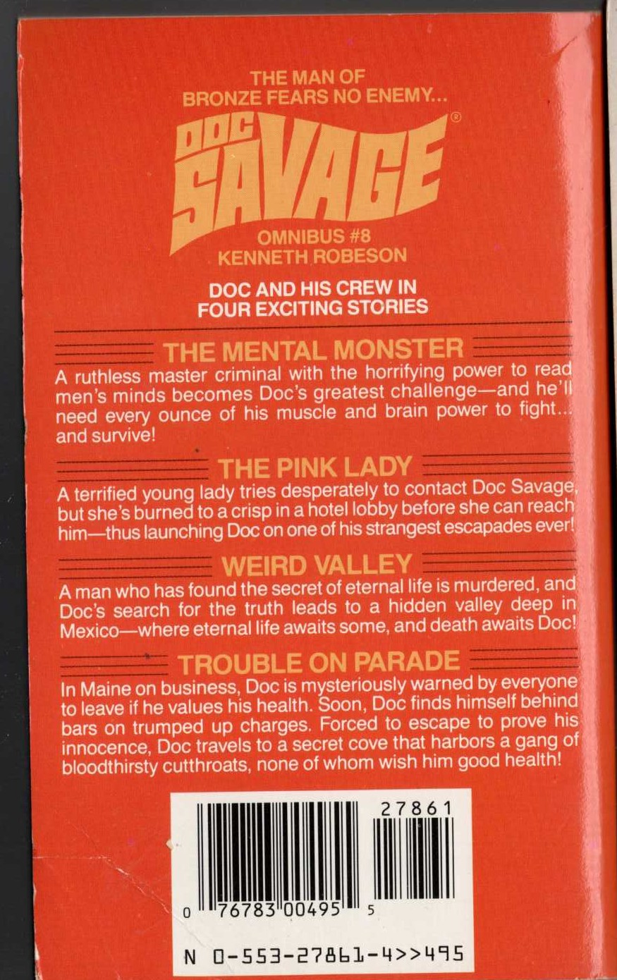 Kenneth Robeson  DOC SAVAGE - OMNIBUS #8: THE MENTAL MONSTER/ THE PINK LADY/ WEIRD VALLEY/ TROUBLE ON PARADE magnified rear book cover image