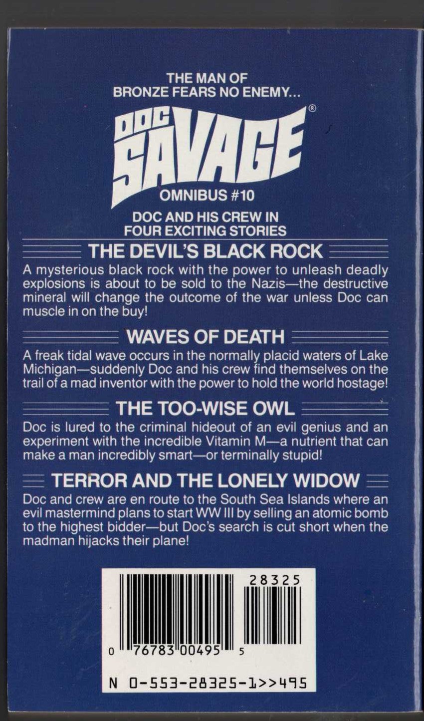 Kenneth Robeson  DOC SAVAGE - OMNIBUS #10: THE DEVIL'S BLACK ROCK/ WAVES OF DEATH/ TERROR AND THE LONELY WIDOW/ THE TOO-WOSE OWL magnified rear book cover image