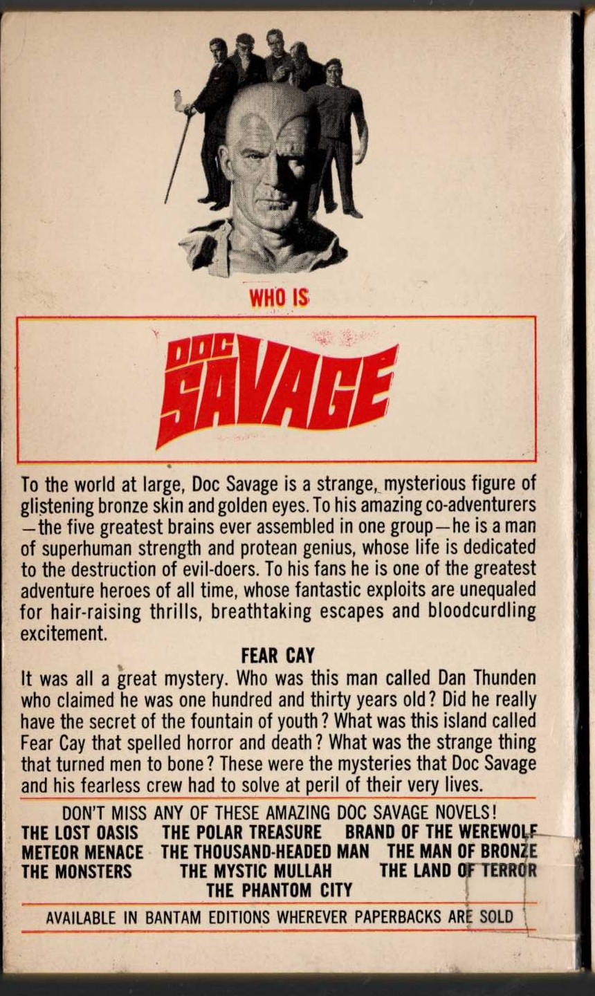 Kenneth Robeson  DOC SAVAGE: FEAR CAY magnified rear book cover image