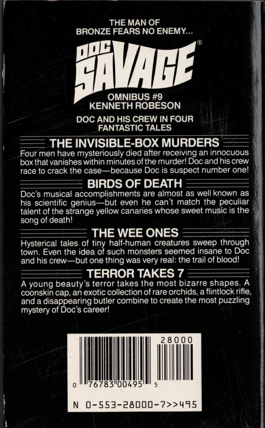 Kenneth Robeson  DOC SAVAGE - OMNIBUS #9: THE INVISIBLE-BOX MURDERS/ THE WEE ONES/ BIRDS OF DEATH/ TERROR TAKES 7 magnified rear book cover image