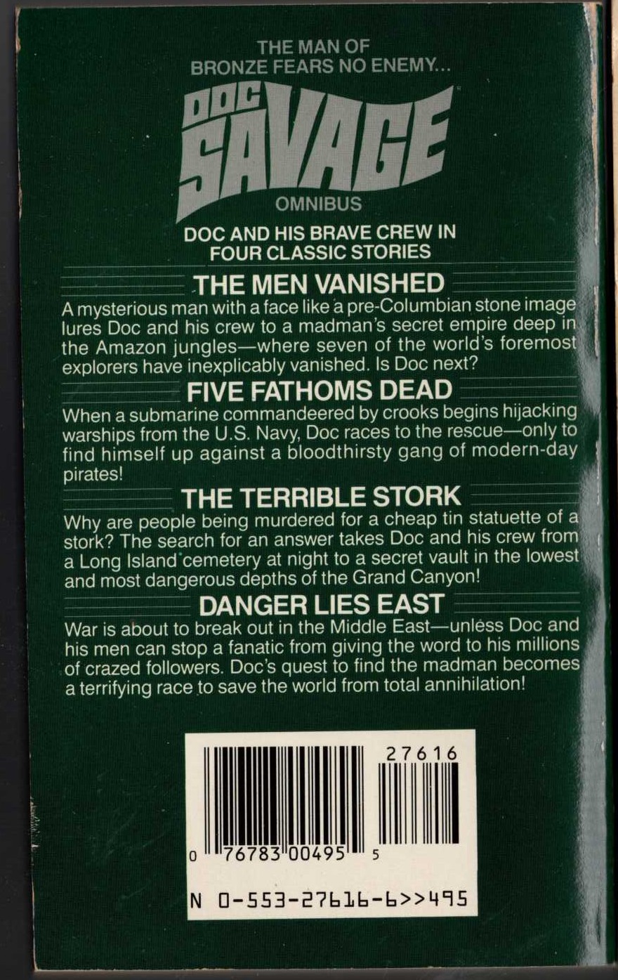 Kenneth Robeson  DOC SAVAGE - OMNIBUS #7: THE MEN VANISHED/ THE TERRIBLE STORK/ FIVE FATHOMS DEAD/ DANGER LIES EAST magnified rear book cover image