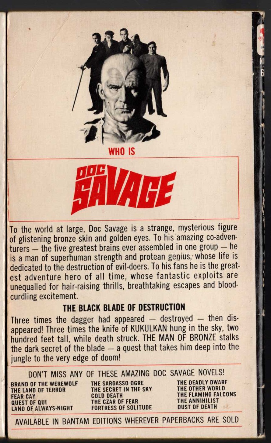 Kenneth Robeson  DOC SAVAGE: THE DAGGER IN THE SKY magnified rear book cover image