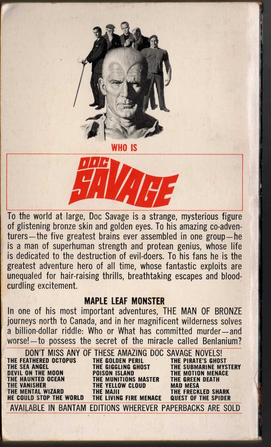 Kenneth Robeson  DOC SAVAGE: THE MYSTERY ON THE SNOW magnified rear book cover image