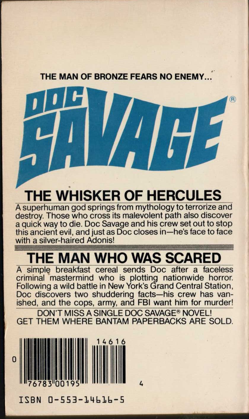Kenneth Robeson  DOC SAVAGE: THE WHISKER OF HERCULES and THE MAN WHO WAS SCARED magnified rear book cover image