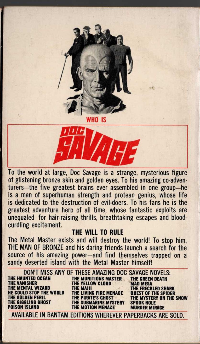 Kenneth Robeson  DOC SAVAGE: THE METAL MASTER magnified rear book cover image