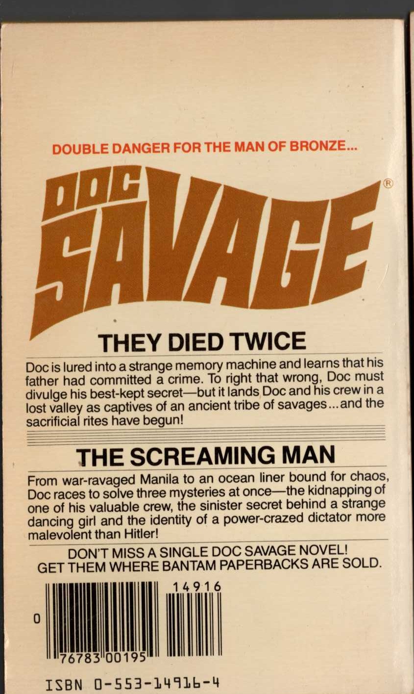 Kenneth Robeson  DOC SAVAGE: THEY DIED TWICE and THE SCREAMING MAN magnified rear book cover image