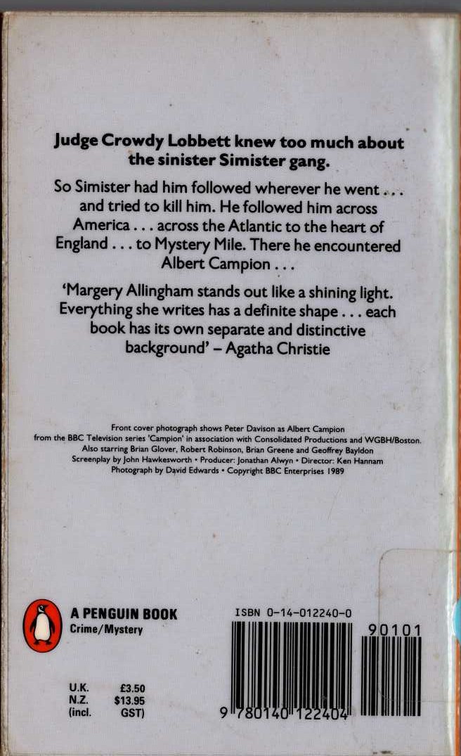 Margery Allingham  MYSTERY MILE magnified rear book cover image