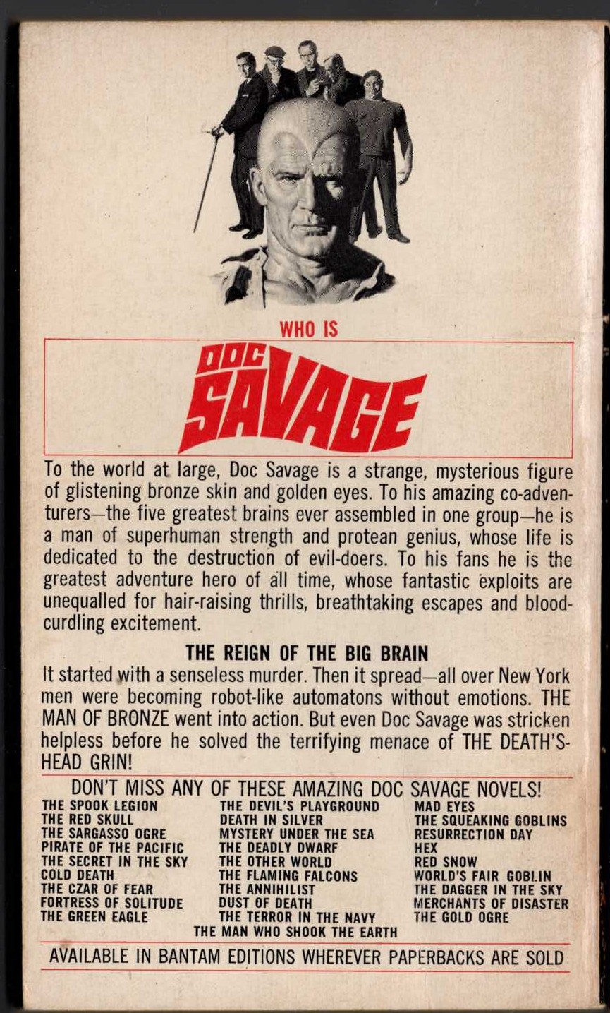 Kenneth Robeson  DOC SAVAGE: THE MEN WHO SMILED NO MORE magnified rear book cover image